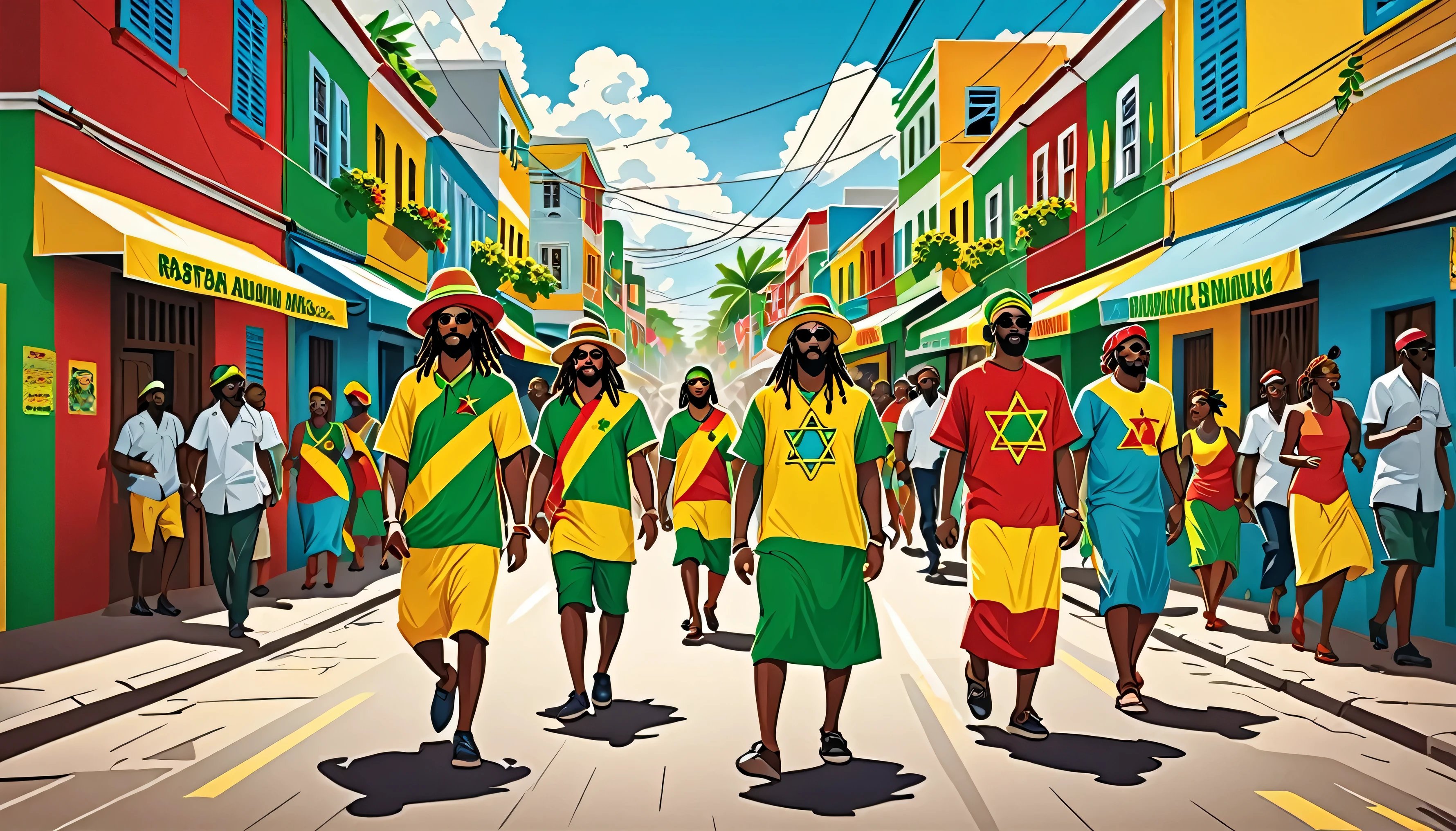 Vector art, Lots of Jamaican Reggae, Authentic Jamaican reggae music atmosphere, Chic colors,Attention to detail,
Old Streets,Shield of David,Rastafarian,Full raster color,There are few people