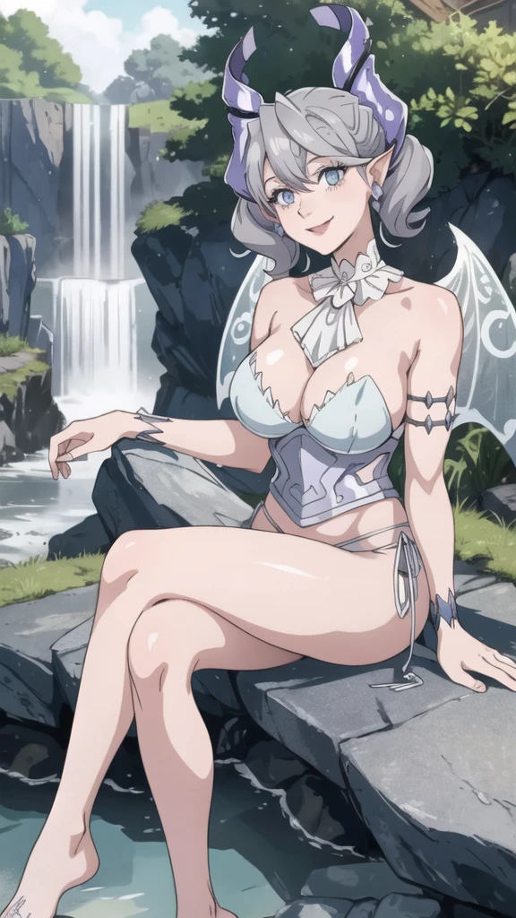Waterfalls High level image quality best image quality 8K adult woman garden rocks outside more colors whole body view portrait wearing bikini white horn ears short hair((shortcut)(gray hair)(perm)(fluffy)) eye color is blue , , attractive evil face , smile , sexy pose , labrynth , barearm , wearing pink , wings , sitting , crossed legs, view foot arc