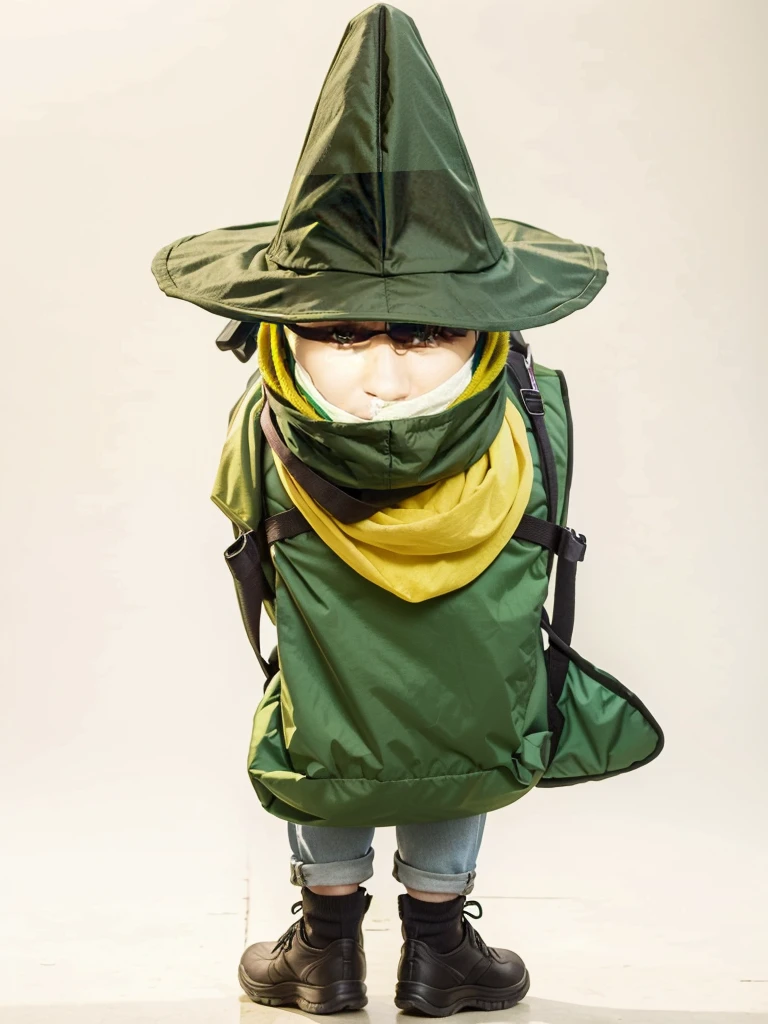 Green triangular hat, guitar and backpack on back, green clothes yellow-green scarf, cool adult man, looking at me, face visible.