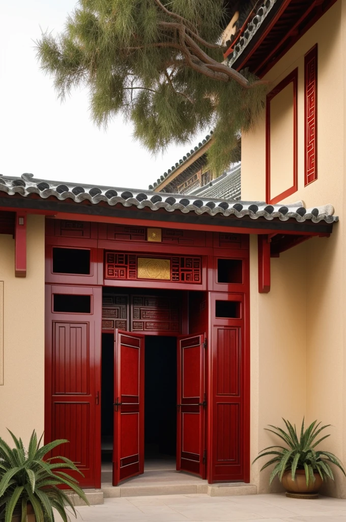 A painting depicting a person walking, with very detailed Chinese classical doors and plants, a mysterious background, layered sky, red and black, backlight, traditional Chinese landscape style, new tradition, Eastern style, James Turrell, plants are the history of Nagai, Fan Kuan's style, eerie reality, and cunning. I can't believe how beautiful this is. Symmetrical composition, grand scale, strong use of negative space, facing up, Single point perspective, realistic ultra details, 8k, high-definition