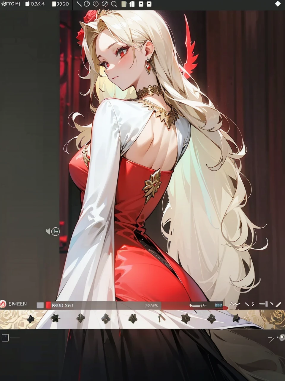 Add in roses to her dress, a good back dress design with some golden jewelry, make her dress into a red and white gown with a hat, give her some unique Jewelry, and make her look somewhat of a demonic angel like appearance to her
