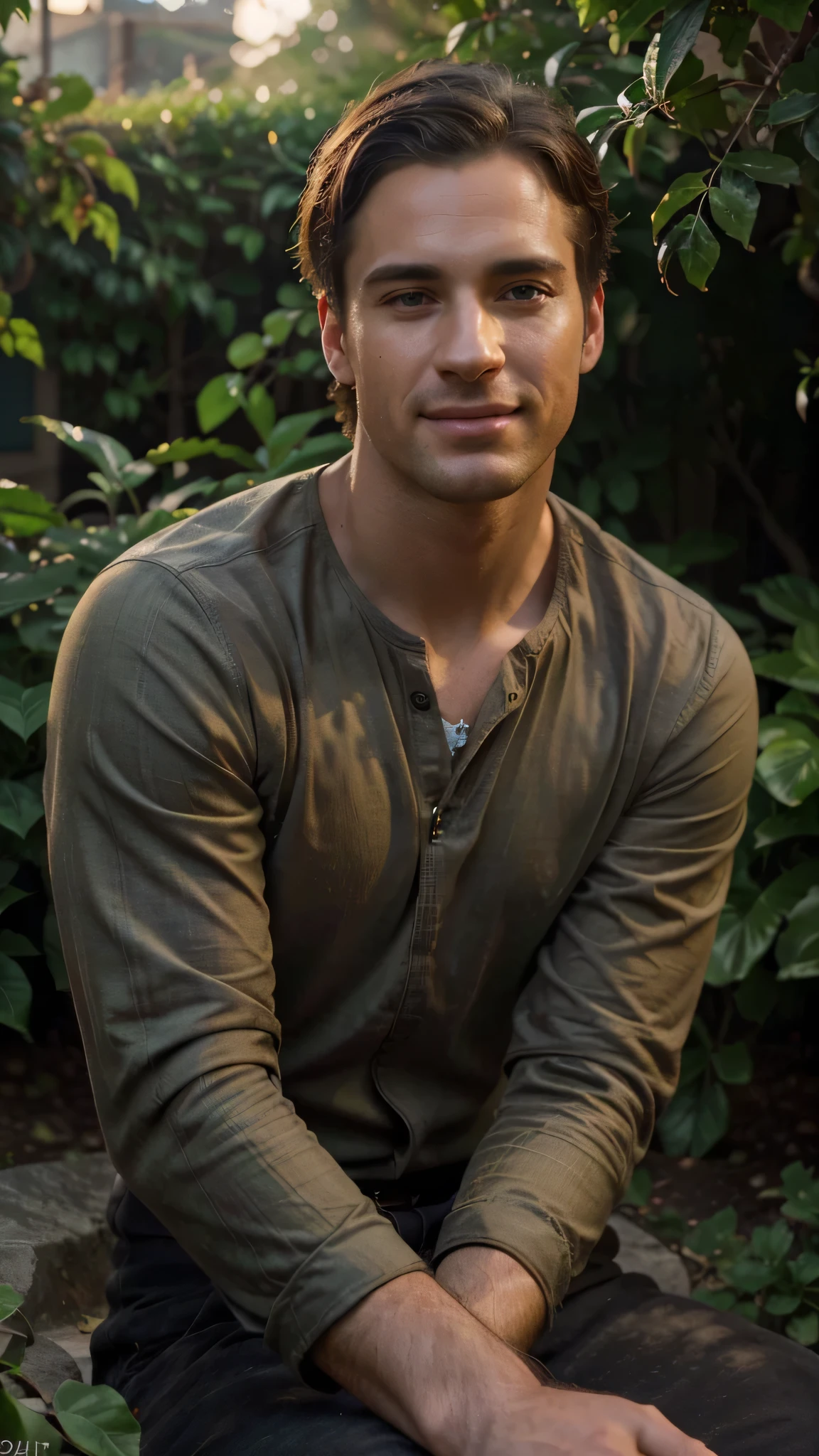 a man sitting in a batonic garden, relaxing, batonic garden photography, handsome man, extremely detailed face, smile, detailed eyes, detailed lips, chiaroscuro lighting, cinematic composition, dramatic lighting, moody atmosphere, warm color palette, high contrast, photorealistic, (best quality,4k,8k,highres,masterpiece:1.2),ultra-detailed,(realistic,photorealistic,photo-realistic:1.37)