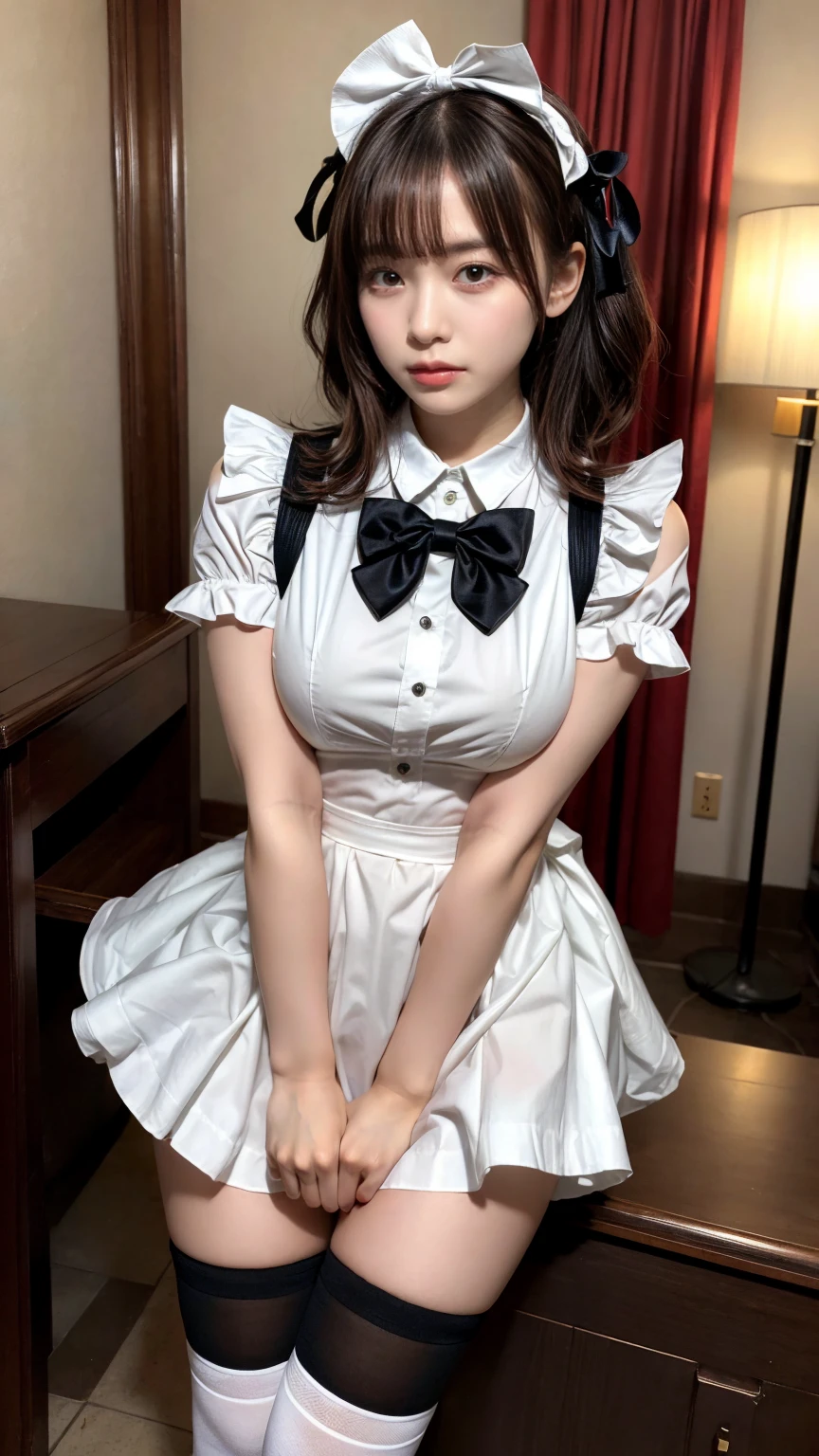 masterpiece, best quality, illustration, Super detailed, fine details, High resolution, 8K,wall paper, perfect dynamic composition,(Details High quality, realistic depiction of eyes:1.3), short hair, (wavy hair:1.2), SFW, huge breasts, hotel room, (bow ribbon, Maid, knee high socks:1.3), Aside Cutter Shirt, frill skirt, Large breasts, Don't expose it, ponytail, black hair color, Big Natural Color Lip, perfect body shape, bold sexy pose, crying a little、Harajuku style、20 year old girl、cute type、ta、beautiful legs, full body photo、focus on crotch, hposing Gravure Idol