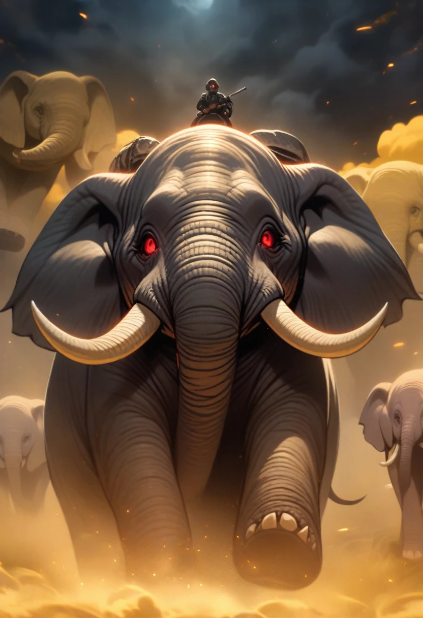 Black elephant, solo, scary elephant, elephant, big, long fangs, Red eyes, yellow fog, night, dark