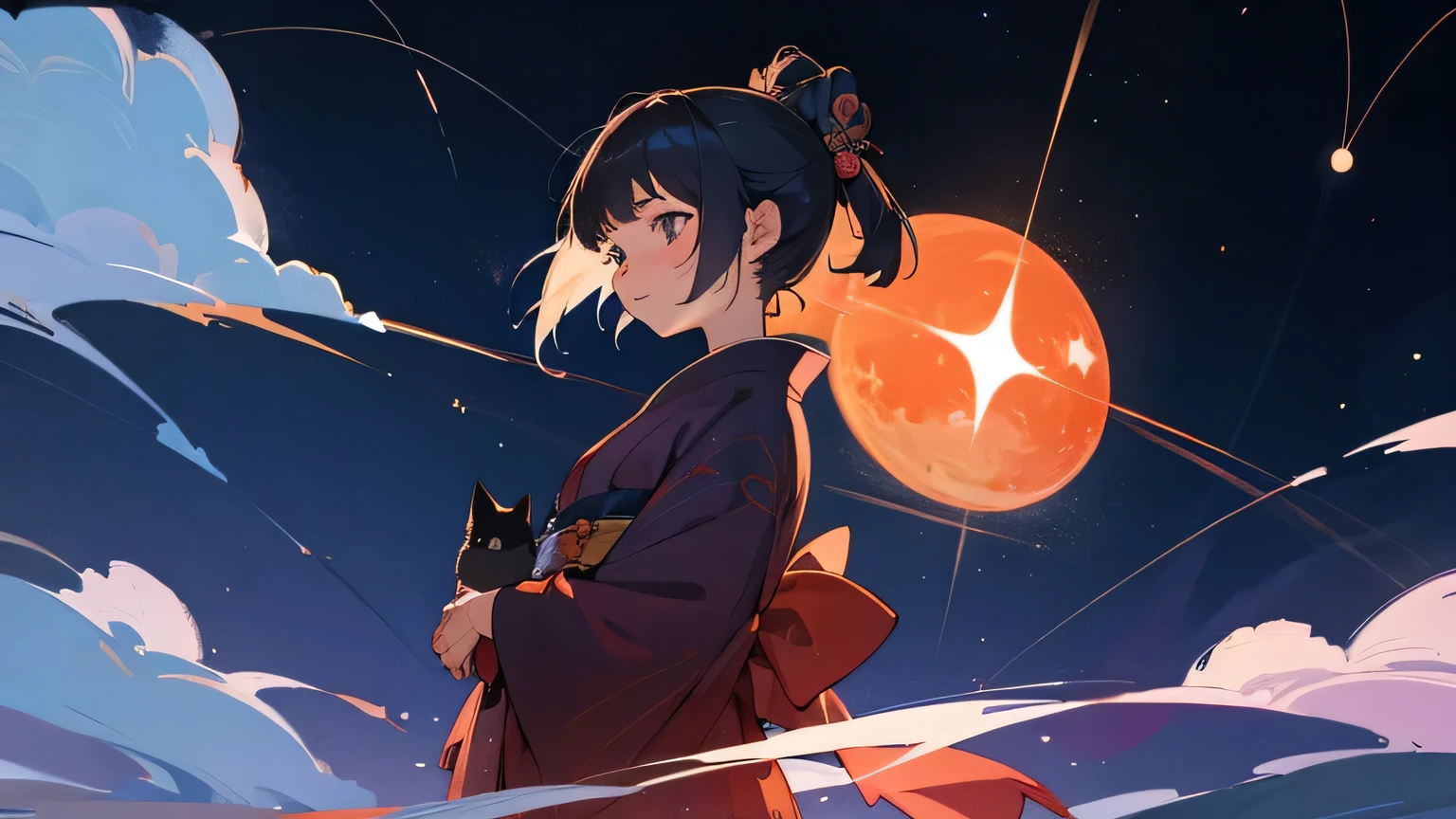 kimono japanese girl with cat at night sky stars