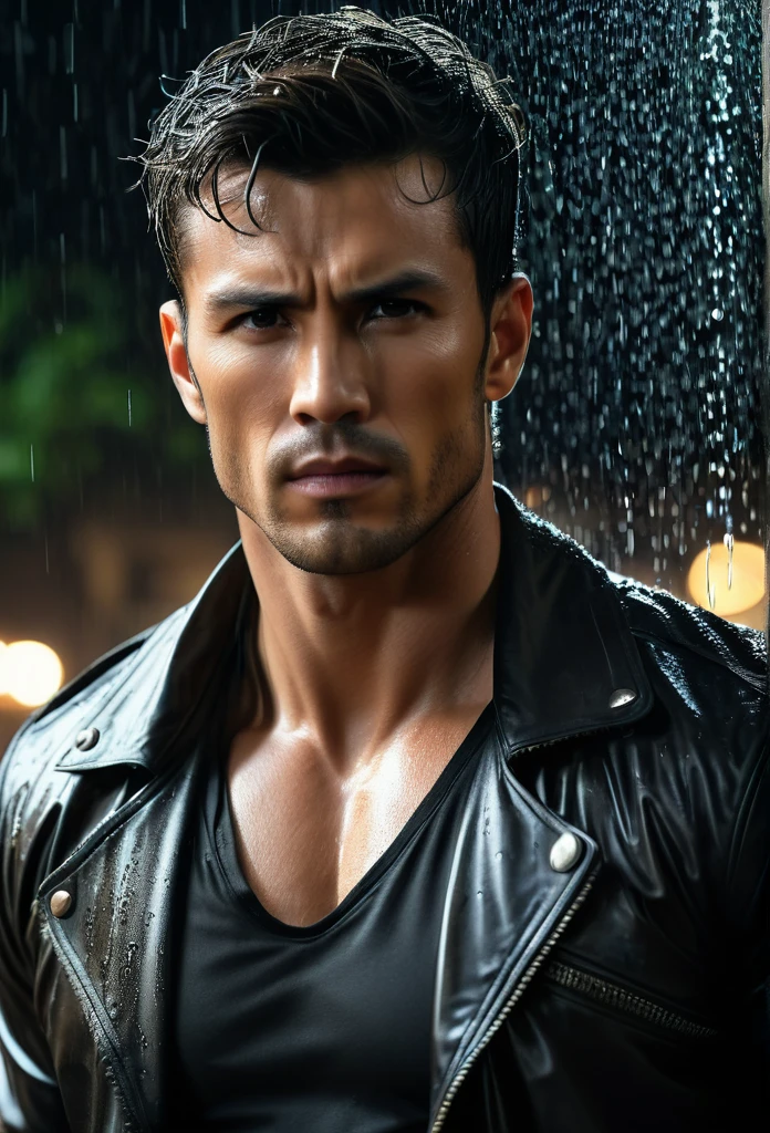 acting(((martial arts superstar)),black pants, realist:1.3,( fotorrealist, 8K, original photo, high quality, masterpiece, epic lights. close up, center image), (prospect),((1 Handsome guy with confident and well-proportioned muscles, post apocalyptic, Guerrero, Rostro y cuerpo perfectamente detallados, (prospect), rain scene, Poor lighting due to rain,(( My face and body were soaked by the rain:1.5)),lightning lighting, dynamic poses, beautiful fine hair, Leather jacket)), ((imaginative scenes)),((perfect, meticulously.:1.3)), ((panoramic: 1.4)), ((best quality )), ((masterpiece)), 3d, (Super detailed: 1.3), ((epic scenery: 1.3)), ((night background: 1.3 ))), (((night:1.2))), ( lifelike: 1.4), ((Front camera)),( (Low-light night cinematic lighting: 1.2)). 32