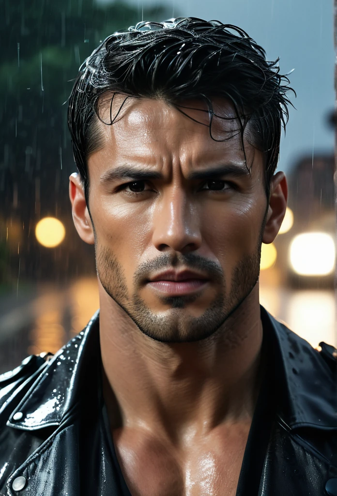 acting（（（martial arts superstar））,black pants, realist:1.3,( fotorrealist, 8K, original photo, high quality, masterpiece, epic lights. close up, center image), (prospect),((1 Handsome guy with confident and well-proportioned muscles, post apocalyptic, Guerrero, Rostro y cuerpo perfectamente detallados, (prospect), rain scene, Poor lighting due to rain,(( My face and body were soaked by the rain:1.5)),lightning lighting, dynamic poses, beautiful fine hair, Leather jacket)),  ((imaginative scenes)),((perfect, meticulously.:1.3)), ((panoramic: 1.4)), ((best quality )), ((masterpiece)), 3d, (Super detailed: 1.3), ((epic scenery: 1.3)), ((night background: 1.3 ))), (((night:1.2))), ( lifelike: 1.4), ((Front camera)),( (Low-light night cinematic lighting: 1.2)). 32