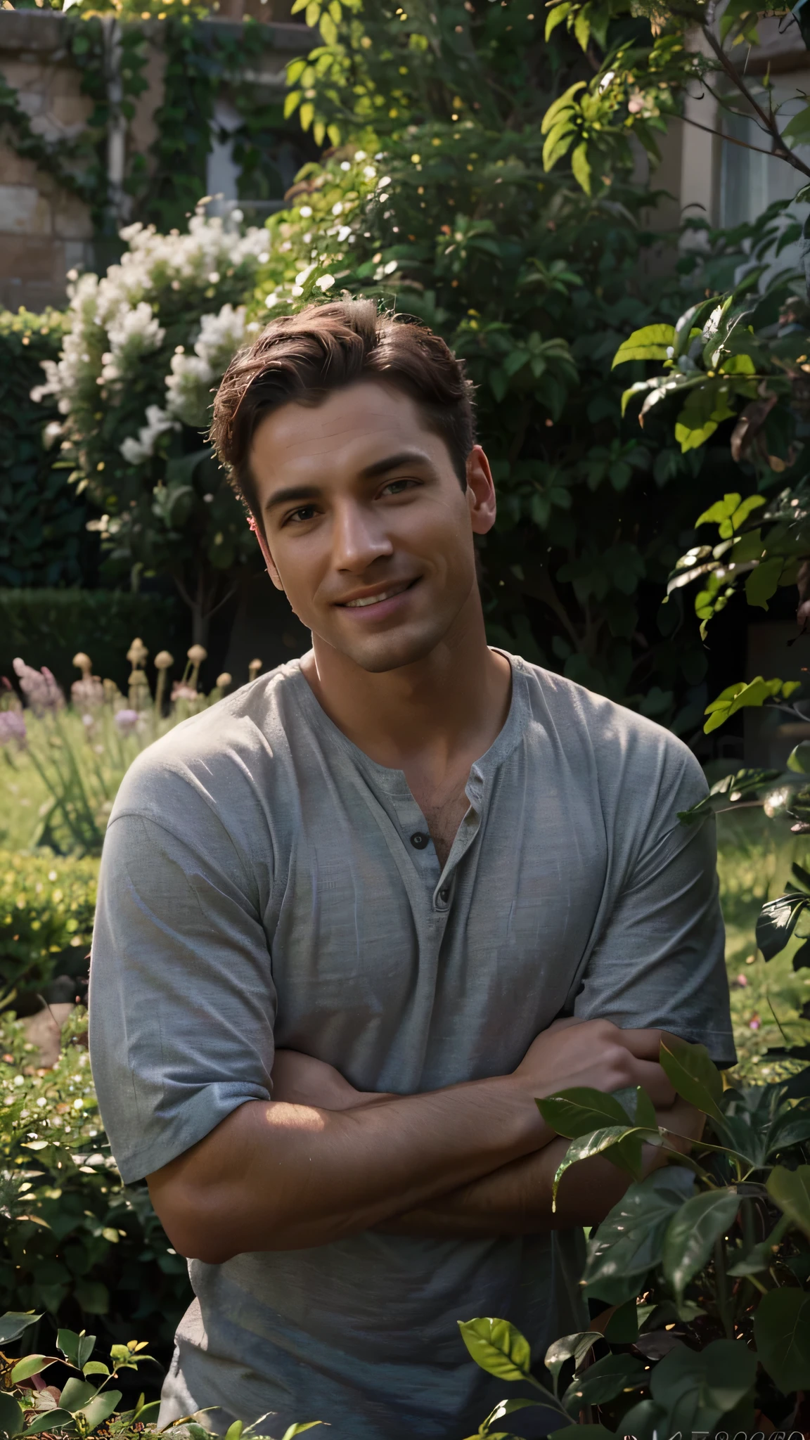 a man posing in the garden, relaxing, smile, garden photography, handsome man, extremely detailed face, smile, detailed eyes, detailed lips, chiaroscuro lighting, cinematic composition, dramatic lighting, moody atmosphere, warm color palette, high contrast, photorealistic, (best quality,4k,8k,highres,masterpiece:1.2),ultra-detailed,(realistic,photorealistic,photo-realistic:1.37)