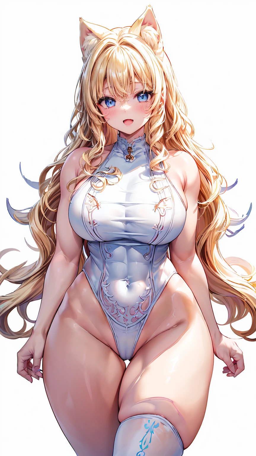 Very detailed、Highest quality、Best image quality、masterpiece、8k、Anime Face、A kind smile、(Open your mouth:1.3)、Sparkling Blue Eyes、(Blonde wavy hair:1.5)、(Muscles of the whole body:1.3)、(High leg:2.0)、Thigh belt、(Cowboy Shot:1.5)、(SFW Giant)、(Thick body:1.2)、(good:1.5)、(SXSPNTS)、(White Background:1.5)、(Cat ear)