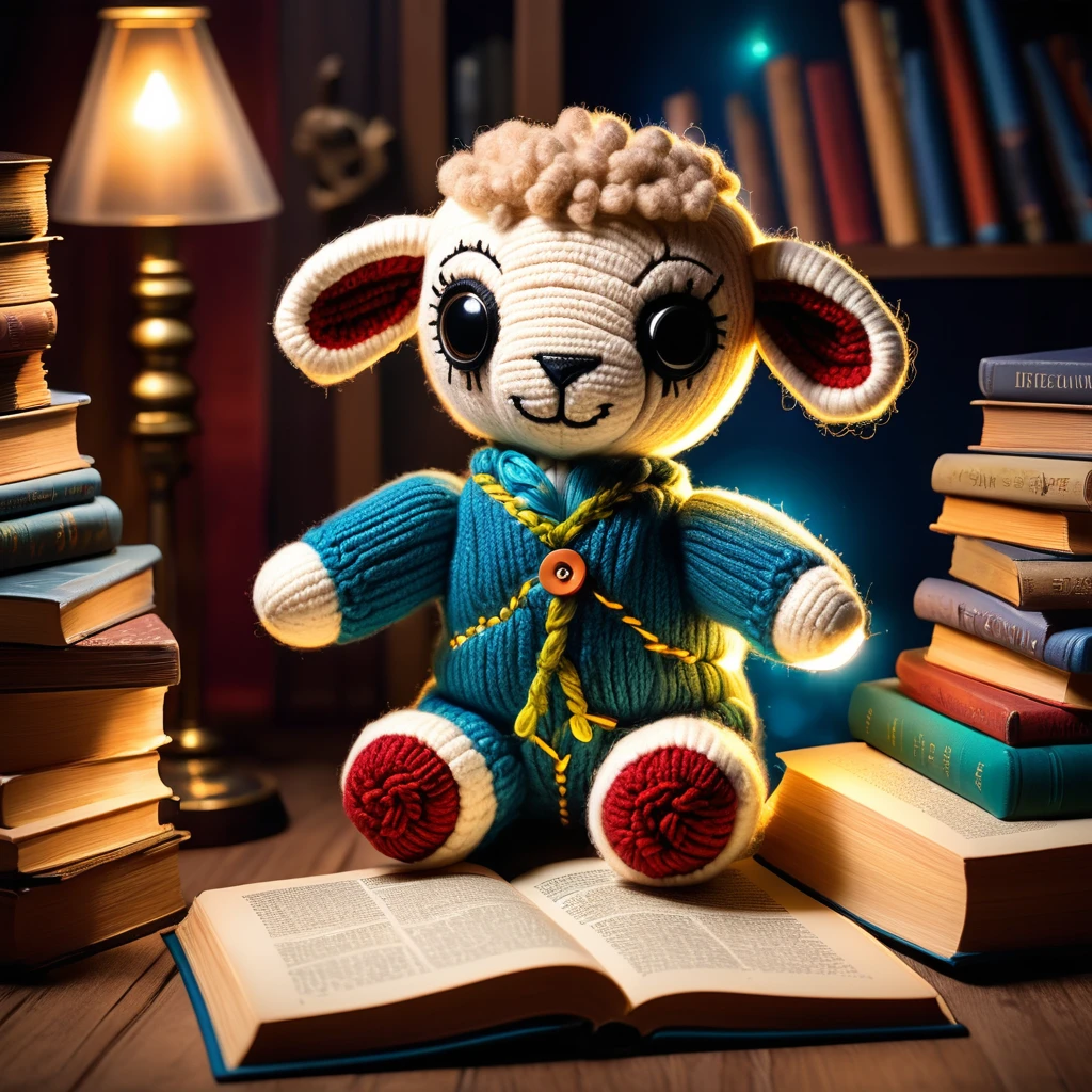 (knitted toy voodoo doll:1.8), (Voodoo Sheep Reading Book:1.3), (Clothing: cozy reading sweater with magical book patterns:1.0), (Accessories: enchanted book with glowing pages, mystical reading glasses, glowing reading lamp:1.2), (background: cozy reading nook with floating, glowing book pages and soft bleating:1.2), best quality, masterpiece, detailed soft oil painting, detailed background, dramatic cinematic lighting, soft edge lighting, professional, dramatic lighting, hard edge lighting, ultra quality, 4k, masterpiece, best quality, 8k, ultra high definition, high resolution, extremely detailed