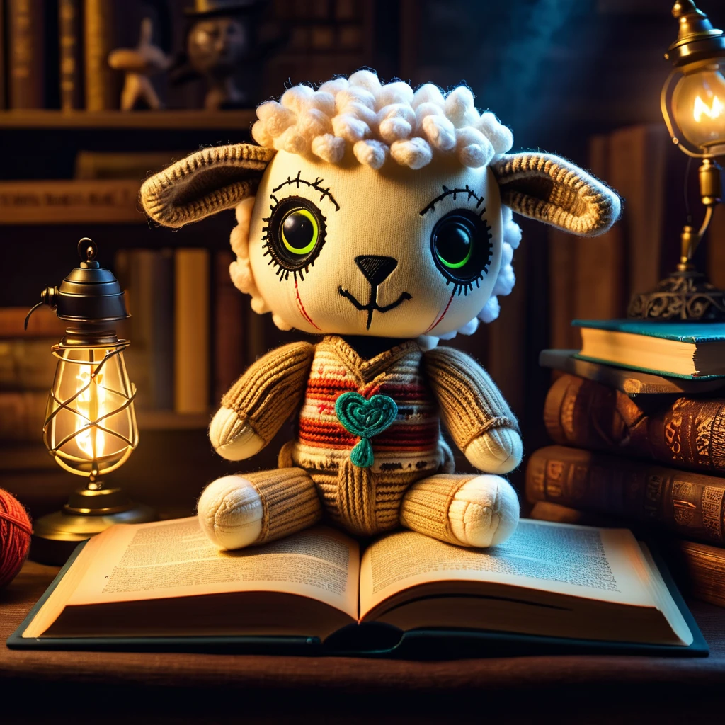 (knitted toy voodoo doll:1.8), (Voodoo Sheep Reading Book:1.3), (Clothing: cozy reading sweater with magical book patterns:1.0), (Accessories: enchanted book with glowing pages, mystical reading glasses, glowing reading lamp:1.2), (background: cozy reading nook with floating, glowing book pages and soft bleating:1.2), best quality, masterpiece, detailed soft oil painting, detailed background, dramatic cinematic lighting, soft edge lighting, professional, dramatic lighting, hard edge lighting, ultra quality, 4k, masterpiece, best quality, 8k, ultra high definition, high resolution, extremely detailed