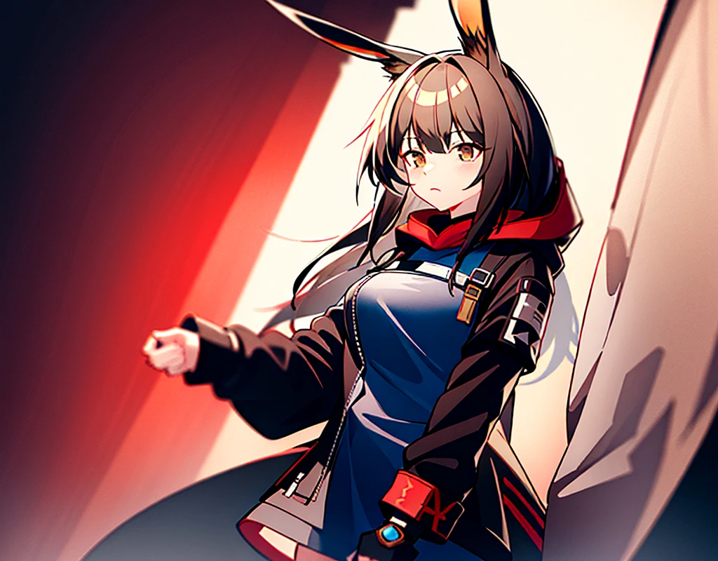 
(Arknights) Amiya standing in the middle of the battlefield, cinematic, high resolution, red-fiery background, best quality, masterpiece, detailed, brown eyes, long dark brown pony style hair, long pointy bunny ears, long sleeves black hoodie leather jacket, dark blue skirt, black stocking with brown-ish light.