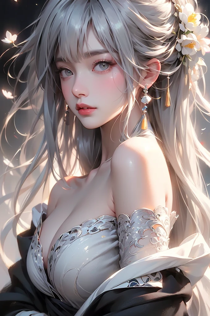 super high quality, masterpiece, Perfect illustration, Very detailed (Exquisite light and shadow, Very dramatic photo,Backlight) , ((Gray Hair:1.5))1 Girl, alone, (Wearing Han clothes, Royalty、Black and white Hanfu,Monotony,Long sleeve) Flower Field, Flowers, (White smoke:1.3) (Realistic:1.4), Zen Intertwining, Tangled, Official Art, unity 8k wallpaper, Very detailed, Beautiful and beautiful, masterpiece, Highest quality, (Dynamic Angle: 1.4), Glowing Skin, (Floating colorful flashes: 1) The most beautiful chaotic shapes, elegant, Brutalist Design, Bright colors, Romantic Depth of Field Exotic_dance, half_naked、((Off the shoulder、Expose your shoulders、Ample breasts、Great cleavage))