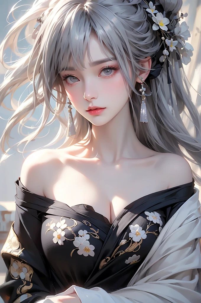 super high quality, masterpiece, Perfect illustration, Very detailed (Exquisite light and shadow, Very dramatic photo,Backlight) , ((Gray Hair:1.5))1 Girl, alone, (Wearing Han clothes, Royalty、Black and white Hanfu,Monotony,Long sleeve) Flower Field, Flowers, (White smoke:1.3) (Realistic:1.4), Zen Intertwining, Tangled, Official Art, unity 8k wallpaper, Very detailed, Beautiful and beautiful, masterpiece, Highest quality, (Dynamic Angle: 1.4), Glowing Skin, (Floating colorful flashes: 1) The most beautiful chaotic shapes, elegant, Brutalist Design, Bright colors, Romantic Depth of Field Exotic_dance, half_naked、((Off the shoulder、Expose your shoulders、Ample breasts、Great cleavage))