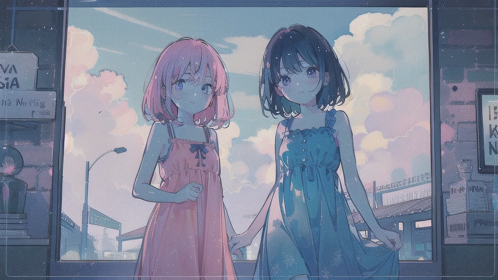 (watercolor), (low contrast), (face, cowboy shot, 2 girls, sundress, look at viewer), nostalgic