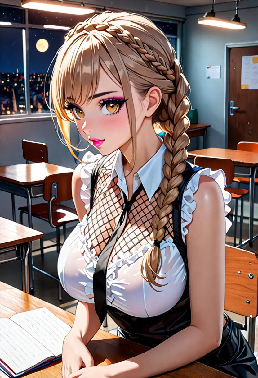 (((Highest quality, Ultra-high resolution、The most complex and detailed depiction)))、((masterpiece:1.3)), (8k, RAW Photos, Best image quality: 1.4), Very detailedな顔、Attention to detail、(Beautiful woman:1.4),(Realistic:1.4) (8k, RAW Photos,), (photo-Realistic:1.2), Very detailed, Beautiful attention to detail, (girl:1.3)Dark eyeliner、Eyelash length、False eyelashes、double eyelid、Brown eyes、Light fluorescent lip gloss, ((hostess:1.2)),(Huge breasts:1.3),、(Cleavage:1.2)、(((Light brown hair、braid one's hair、((Tie your braided hair behind your head,Put your braided hair up)))))、Gal-style makeup、Dark eyeliner、Black eyeliner、Heavy eye makeup、Eyelash length、False eyelashes、Eyelash length、Big eyes、Big black eyes、Big eyes、elongated nose、Heavy makeup、Face with gills、(((whole body)))、sexy、Glamorous Body、Saggy breasts、Large saggy breasts、((An empty school classroom late at night))、sit cross-legged on a desk、(Beautiful legs in fishnet stockings、High heels)、((Sleeveless white frill shirt))、(Tight Skirt)、(Glasses)、(((I can see a red bra with red frills:1.2)))、(Unbutton the collar), ((Sweat、Your body is wet))、Put your hands behind your head、smile、Remove your tie