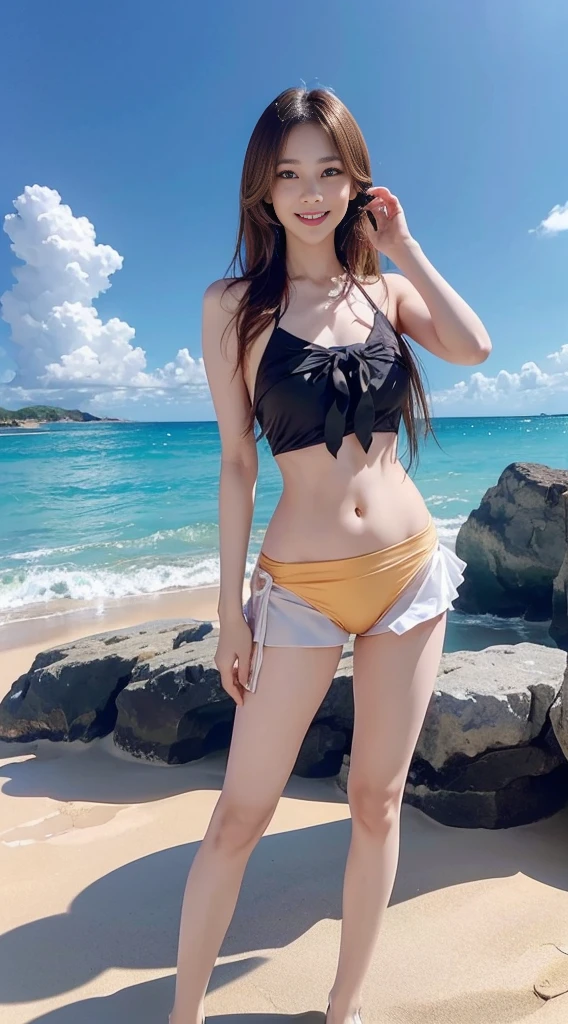 1 beautiful Japan girl, (Big Breasts:1.3) Short skirt :1.2, length, Thin legs, Flat abdomen, slim, (((chestを大きくする :1.4))), ((Gal,Golden Hair, length-haired, very length hair)), ((Swimwear,bikini)), ((Ocean Background)),((high resolution)),((Full body,dance)),((かわいいsmile:1.3)),((とても大きなchest)).High resolution, smiling, laughing, smile, masterpiece, JK,Long Hair, chest, Highest quality, cute