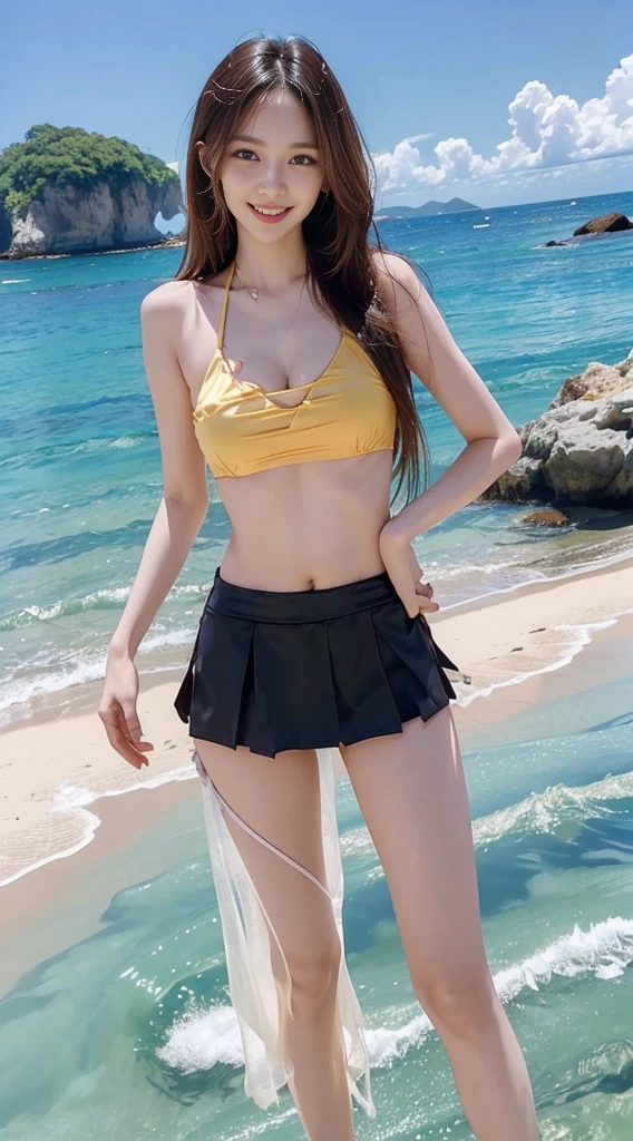 1 beautiful Japan girl, (Big Breasts:1.3) Short skirt :1.2, length, Thin legs, Flat abdomen, slim, (((chestを大きくする :1.4))), ((Gal,Golden Hair, length-haired, very length hair)), ((Swimwear,bikini)), ((Ocean Background)),((high resolution)),((Full body,dance)),((かわいいsmile:1.3)),((とても大きなchest)).High resolution, smiling, laughing, smile, masterpiece, JK,Long Hair, chest, Highest quality, cute