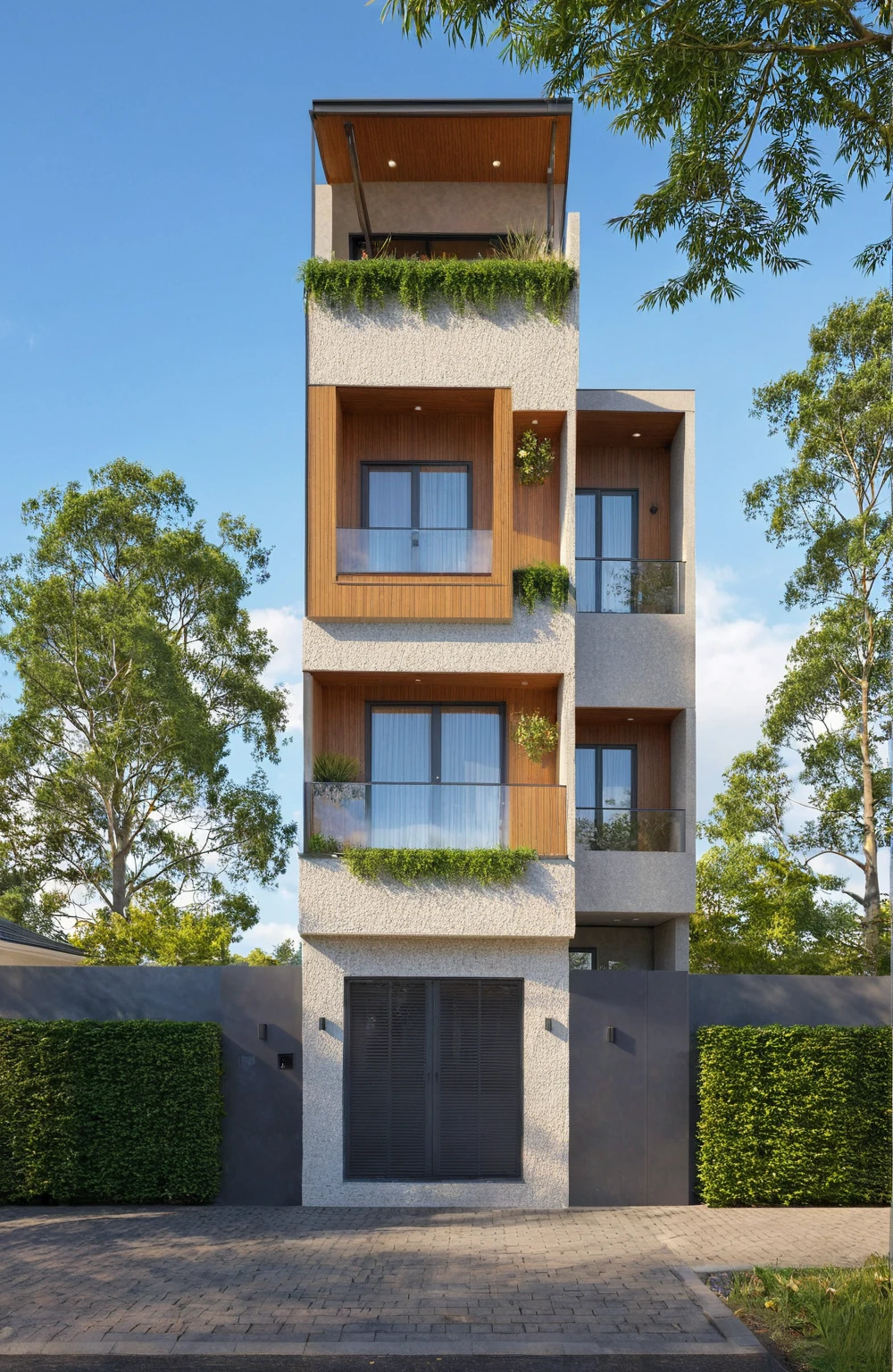 photo brute,head of&#39;artwork, high quality, best quality, Authentique, Great detail,
Outside, En plein air, style de maison moderne dans la rue, glass windows, grille, wooden ceiling,
road,pavement, trees, sky, nuvens, (day light:1.1)