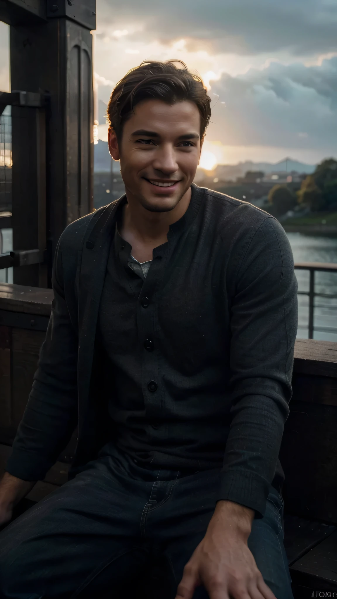 a man sitting on the bridge, relaxing, smile, bridge photography, handsome man, extremely detailed face, smile, detailed eyes, detailed lips, chiaroscuro lighting, cinematic composition, dramatic lighting, moody atmosphere, warm color palette, high contrast, photorealistic, (best quality,4k,8k,highres,masterpiece:1.2),ultra-detailed,(realistic,photorealistic,photo-realistic:1.37)