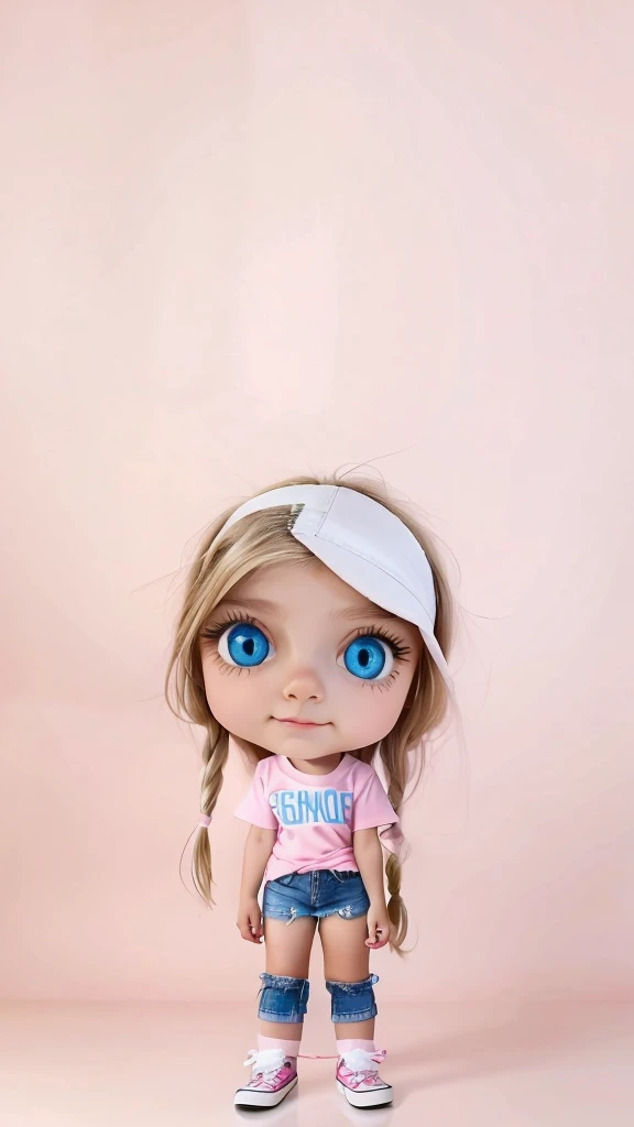 Make her a realistic real life look alike photo. Cute Standing Kid who is around 8 years old, having big blue eye but white long hair, with pink tshirt (pretty is written on her tshirt) and she is wearing shorts jeans which is only above knee and black shoes with white stripe on the side