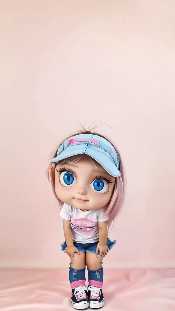 Make her a realistic real life look alike photo. Cute Standing ??? who is around 8 years old, having big blue eye but white long hair, with pink tshirt (pretty is written on her tshirt) and she is wearing shorts jeans which is only above knee and black shoes with white stripe on the side