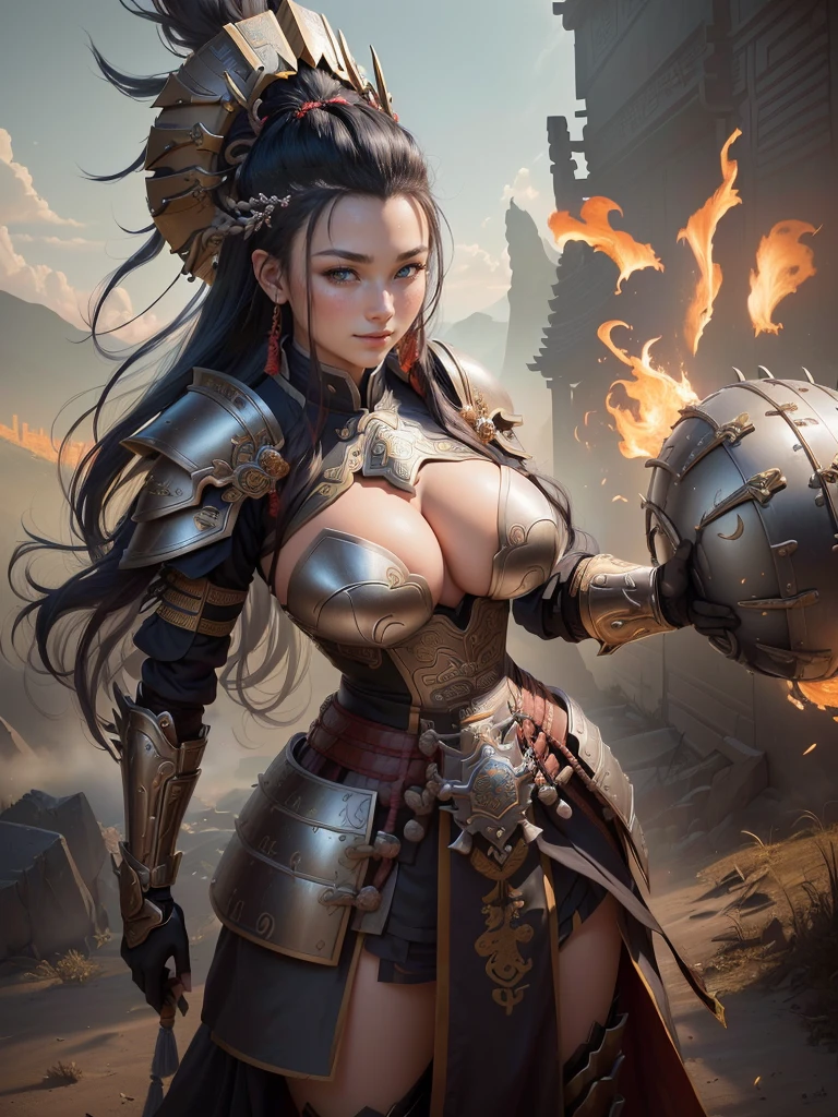 (a woman in armor with a helmet with mohawk), inspired by Li Kan, guan yu, inspired by Hu Zaobin, inspired by Huang Shen, inspired by Huang Ding, inspired by Wu Bin, bian lian, inspired by Li Gonglin, chinese three kingdoms, inspired by Li Cheng, genghis khan, inspired by Pu Hua, Highly detailed CG unit 8k wallpaper, masterpiece, High resolution, highest quality, highest quality real texture skin, Super Real, Digital Painting, Best image quality, 最High resolution, 8k, (((Highly detailed eyes and face, Beautiful eyes every detail))), disproportionate breasts, huge breasts, sagging breasts, gigantic breasts, grin, black hair, curvy, 