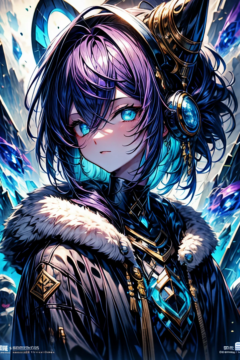 High resolution, masterpiece, Highest quality, One boy、female々Shii、short hair、Painful expression、Blue Glasses、Purple Hair、light blue、Gradation、Odd Eye、美Shii瞳、Captivating eyes、20 years old、Wear warm clothes、headphone、adult、pantagic、god々Shii、music、
