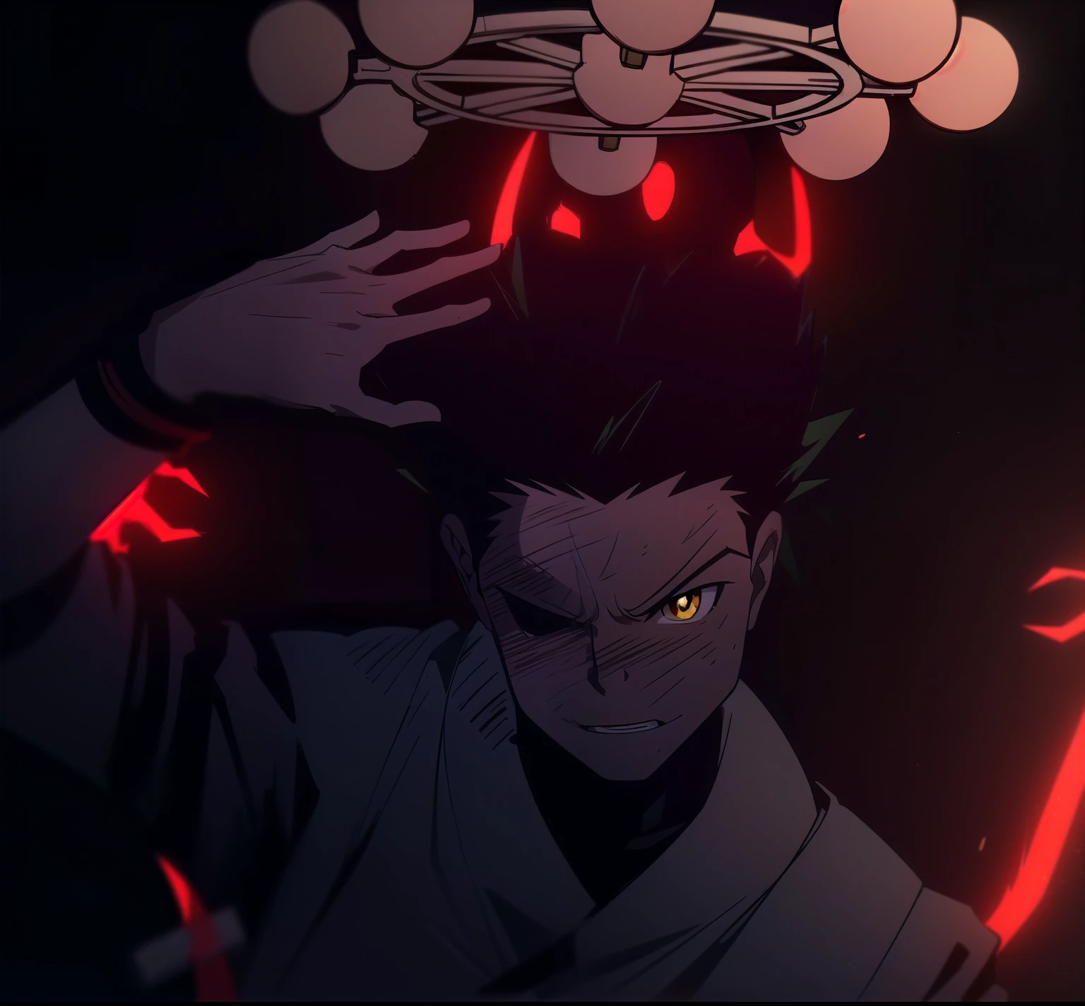 masterpiece, best quality, high quality, 1boy, solo, male focus, looking at viewer, upper body, gon_freecss, green hair, spiked hair, yellow eyes, five fingers