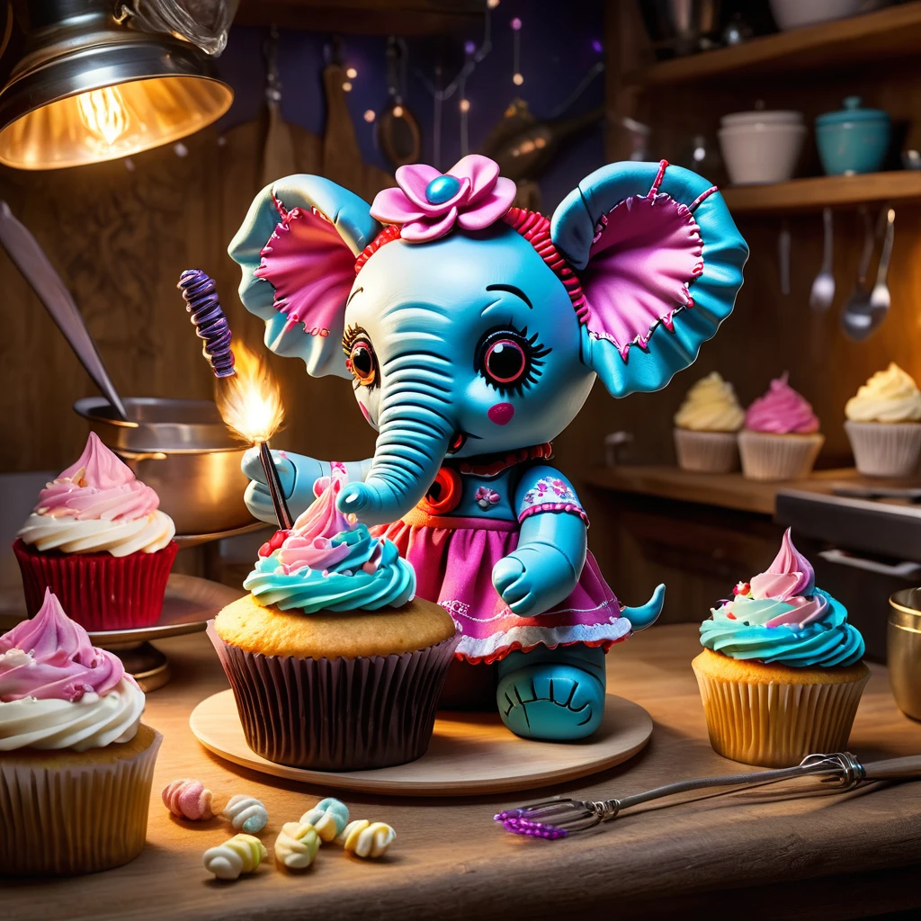 (knitted toy voodoo doll:1.7), (Voodoo Elephant Baking Cupcakes:1.3), (Clothing: flour-dusted apron with magical cupcake patterns:1.0), (Accessories: enchanted cupcake tin, glowing whisk, mystical mixing bowl:1.2), (background: kitchen with floating, glowing cupcake ingredients and soft trumpeting:1.2), best quality, masterpiece, detailed soft oil painting, detailed background, dramatic cinematic lighting, soft edge lighting, professional, dramatic lighting, hard edge lighting, ultra quality, 4k, masterpiece, best quality, 8k, ultra high definition, high resolution, extremely detailed