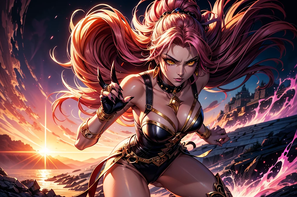There is lost coliseum there stand female lioness in battle stance, she have ebony colour skin beautiful yellow eyes dark gold eyeshadows make up, ring style earrings, her hair is purple with pink highlights . she dressed in white neather topic with golden parts on countures also short and white leather straps on her catlike legs instead of boots, her hands have hude ruby claws on her fingers, (ultra high quality fantasy art, dark fantasy style, masterpiece, ultra high quality character design, 8k quality anime art, realistic anime art, top quality wallpaper illustration, detailed ultra high quality accurate face, high quality design and accurate physic)
