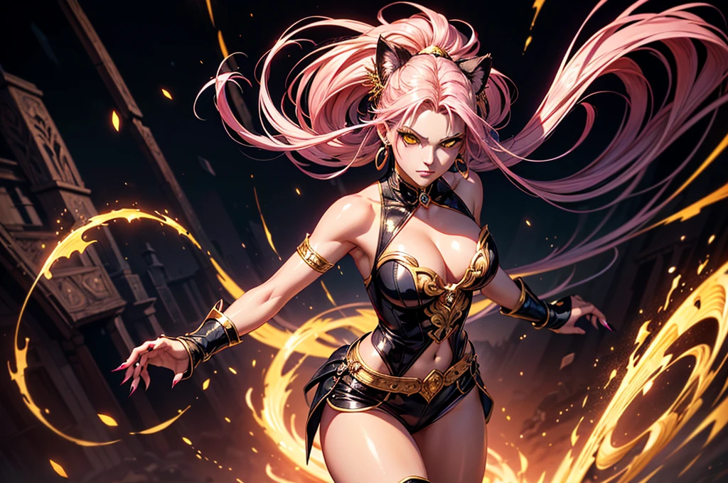 There is lost coliseum there stand female lioness in battle stance, she have ebony colour skin beautiful yellow cat eyes dark gold eyeshadows make up, ring style earrings, her hair is purple with pink highlights . she dressed in white neather topic with golden parts on countures also short and white leather straps on her cat legs instead of boots, her hands have hude ruby claws on her fingers, (ultra high quality fantasy art, anime fantasy style, masterpiece, ultra high quality character design, 8k quality anime art, realistic anime art, top quality wallpaper illustration, detailed ultra high quality accurate face, high quality design and accurate physic)