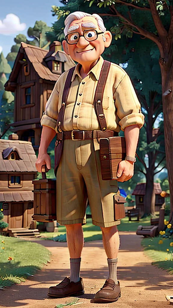 An old man giving a wooden box to a young boy in a village scene surrounded by trees and houses realistic Disney Pixar cartoon 3D 8k HD