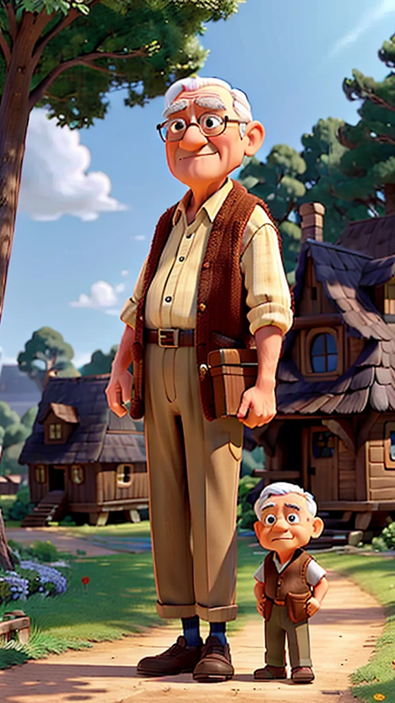 An old man giving a wooden box to a young boy in a village scene surrounded by trees and houses realistic Disney Pixar cartoon 3D 8k HD