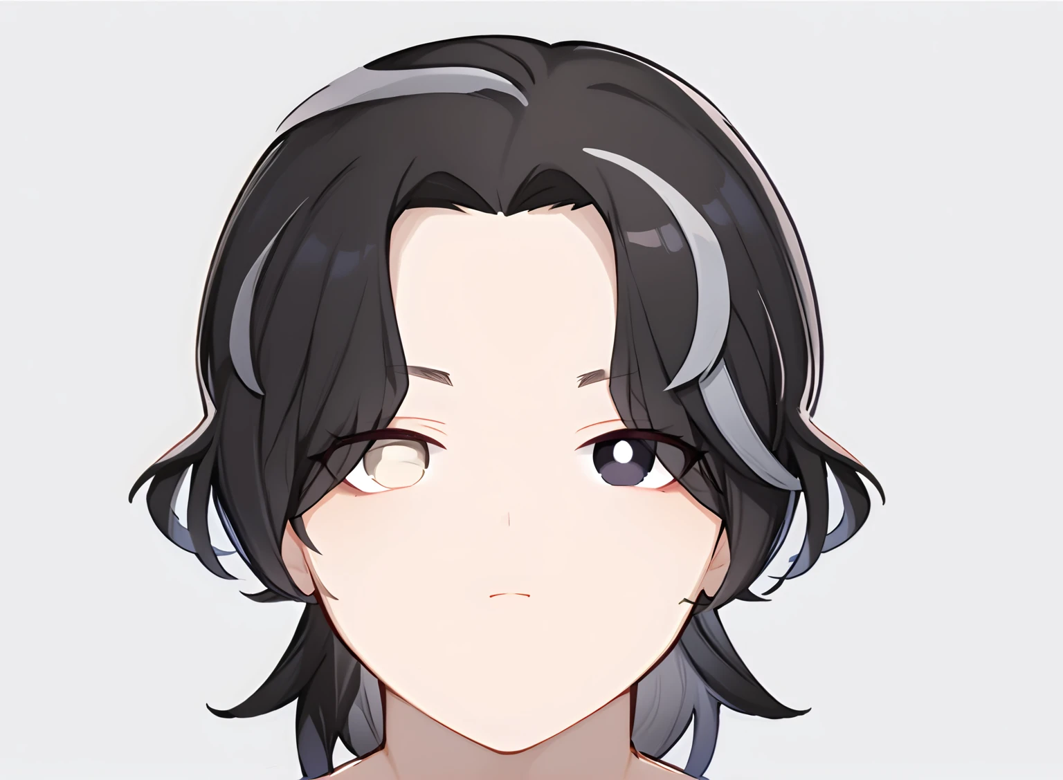 chibi anime, (high quality, Stunning),(yeux expressifs, visage parfait). 1boy, male, bare, chibi, cheveaux noir, a few white locks, white left eye, black right eye, visage neutre, uniquement visage sans cou, neutral white background, Flat Avatar, black outline.