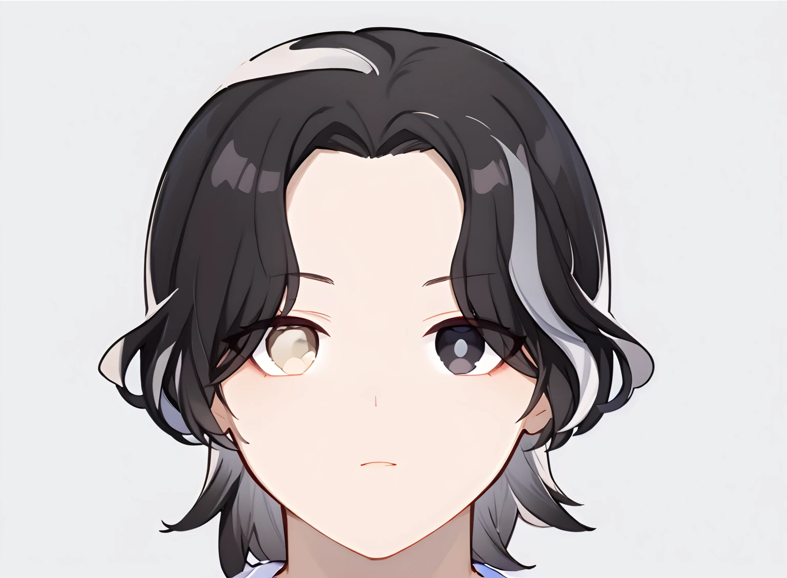 chibi anime, (high quality, Stunning),(yeux expressifs, visage parfait). 1boy, male, bare, chibi, cheveaux noir, a few white locks, white left eye, black right eye, visage neutre, uniquement visage sans cou, neutral white background, Flat Avatar, black outline.