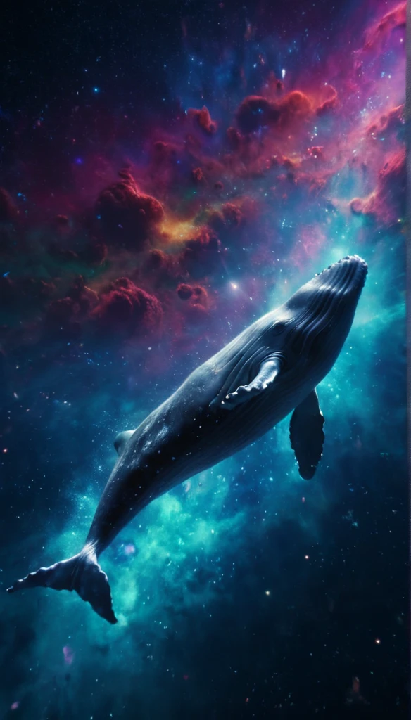 Panoramic shot, a large whale floating in deep space, surrounded by nebulae and stars, vivid colors, digital art, hyperrealistic, 8k, concept art, highly detailed, photorealistic, cinematic lighting, volumetric lighting, dramatic composition, surreal, dreamlike, mystical, ethereal, intricate details, glowing energy, mesmerizing, awe-inspiring, magnificent, breathtaking, powerful presence