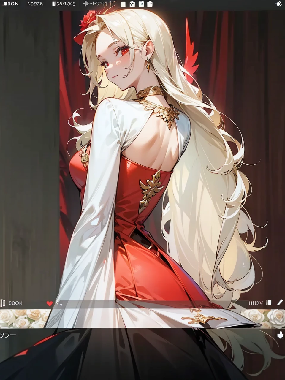 Add in roses to her dress, a good back dress design with some golden jewelry, make her dress into a red and white gown with a hat, give her some unique Jewelry, and make her look somewhat of a demonic angel like appearance to her