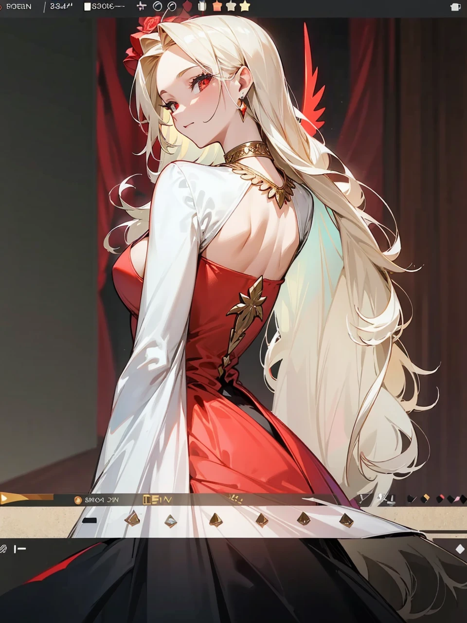 Add in roses to her dress, a good back dress design with some golden jewelry, make her dress into a red and white gown with a hat, give her some unique Jewelry, and make her look somewhat of a demonic angel like appearance to her