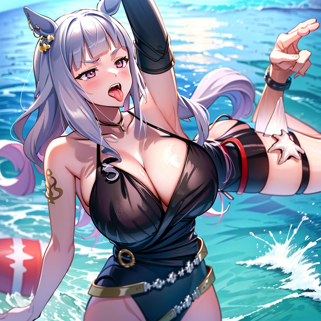 an illustration of a cartoon character in a bikini getting nude and rubbing another chick while in the ocean, 1girl, gold ship (umamusume), swimsuit, 1boy, breasts, one-piece swimsuit, hetero, sex, animal ears, eyewear on head, horse ears, nipples, tongue out, long hair, official alternate costume, sunglasses, tongue, black one-piece swimsuit, sex from behind, beach, horse girl, purple eyes, tattoo, outdoors, bangs, heart, ahegao, ocean, blush, doggystyle, one breast out, open mouth