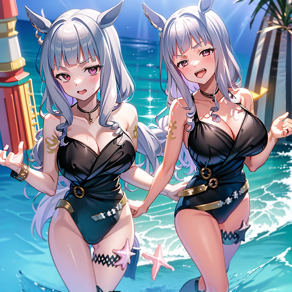 an illustration of a cartoon character in a bikini getting nude and rubbing another chick while in the ocean, 1girl, gold ship (umamusume), swimsuit, 1boy, breasts, one-piece swimsuit, hetero, sex, animal ears, eyewear on head, horse ears, nipples, tongue out, long hair, official alternate costume, sunglasses, tongue, black one-piece swimsuit, sex from behind, beach, horse girl, purple eyes, tattoo, outdoors, bangs, heart, ahegao, ocean, blush, doggystyle, one breast out, open mouth