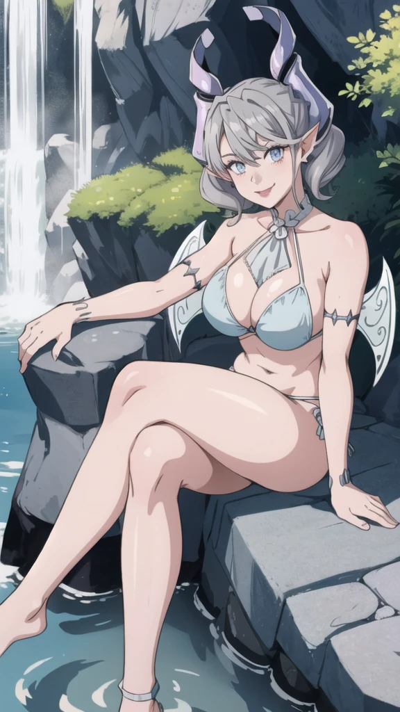 Waterfalls  High level image quality　best image quality　8K　 adult woman   garden rocks outside  more colors   whole body view　portrait　wearing bikini   　white horn    ears  　short hair（（shortcut）（gray hair）（perm）（fluffy））　eye color is blue ,  , 　attractive evil face , smile   ,  sexy pose   ,  labrynth ,  barearm    , wearing pink , wings    , sitting    , crossed legs, view foot arc    