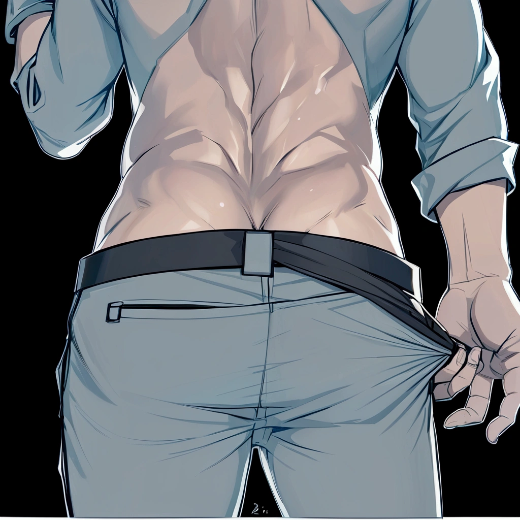 solo, black background, 1 boy, arse, male accent, black trousers, back, arse accent,realistic