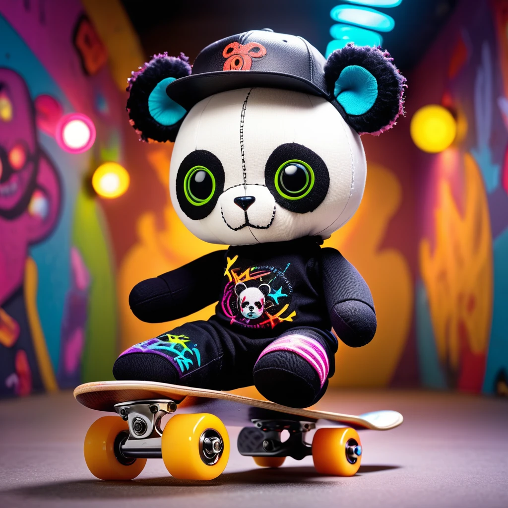 (knitted toy voodoo doll:1.7), (Voodoo Panda Skateboarding:1.3), (Clothing: casual skate outfit with glowing patterns:1.0), (Accessories: enchanted skateboard, glowing helmet, mystical knee and elbow pads:1.2), (background: skate park with floating, glowing skate elements and soft rolling sounds:1.2), best quality, masterpiece, detailed soft oil painting, detailed background, dramatic cinematic lighting, soft edge lighting, professional, dramatic lighting, hard edge lighting, ultra quality, 4k, masterpiece, best quality, 8k, ultra high definition, high resolution, extremely detailed