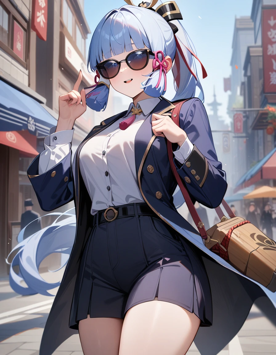 1girl, kamisato ayaka, genshin impact,Secret agent,sun glasses, suit,cool,city street,masterpiece,very aesthetic,newest,sensitive