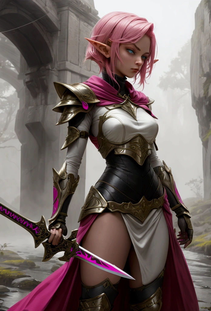 A striking woman with short, vivid pink hair dons elegant elf armor, standing tall on a misty stone bridge. Her piercing eyes reflect determination as she grips a gleaming sword, prepared for any challenge.