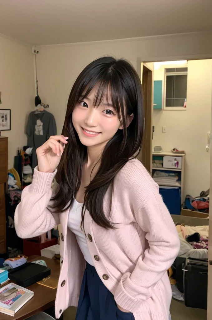Highest quality,japanese,looking smartphone,girl,smile,messy room,chest pull up, self_shot