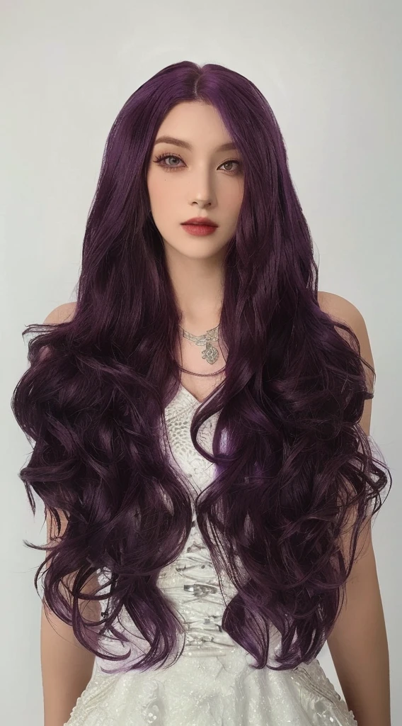 a woman with long purple hair wearing a white dress, violet long hair, dark purple, long wavy purple hair, long violet hair, long dark purple hair, long magenta haire, vibrant dark wavy hair, dark purple tones, long dark red hair, long crimson hair, long purple hair, purple long hair, with long curly hair, with long curly