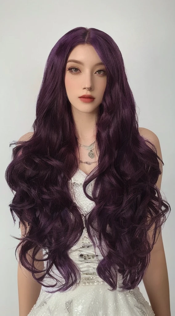 a woman with long purple hair wearing a white dress, violet long hair, dark purple, long wavy purple hair, long violet hair, long dark purple hair, long magenta haire, vibrant dark wavy hair, dark purple tones, long dark red hair, long crimson hair, long purple hair, purple long hair, with long curly hair, with long curly