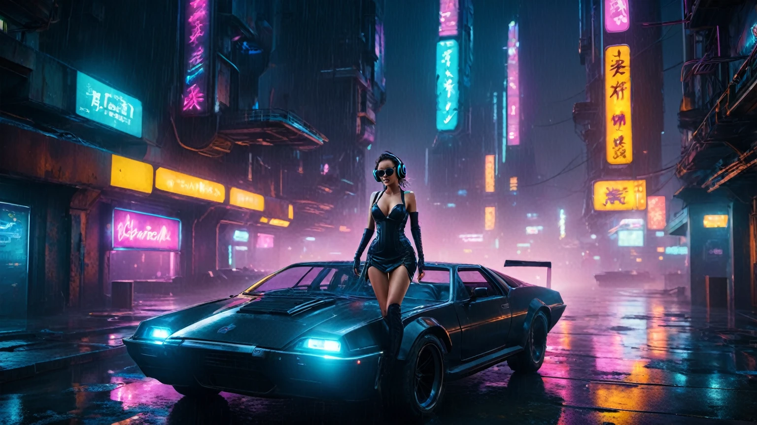 (aerial view, a flying cars docking platform, a very dark abandoned futuristic city, neon lights), rainy night. (((1girl, solo, alone))), large-breast:1.2 slim body, cleavage:1.1, sexy wind blowing wet dress:1.4, (((headphone, black sunglasses, standing and holding pistol:1.8, dynamic rushing pose))), (((((half-body thigh level medium shot))))), cinematic lighting, lens flare, ray tracing.